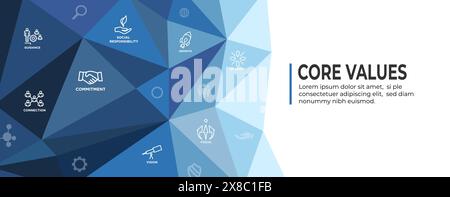 Web-Header-Banner „Core Values“ – Symbole für Integrität, Mission und Vision Stock Vektor