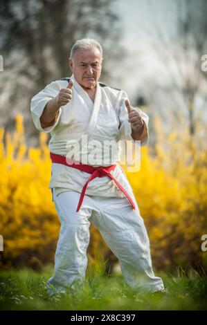 Der heitere Krieger. Ein Mann in Karate-Haltung mit der Faust in einem traditionellen Gi-Kimono, der Stärke und Kampfkunst-Expertise zeigt Stockfoto