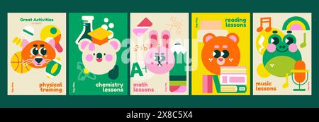 Schulhintergründe. Schreibwaren, Bücher, niedliche Tiere, die nach Wissen verlangen. Satz von abgewickelten Vektorabbildungen. Zurück zur Schule. Motivelemente für die Schule Stock Vektor