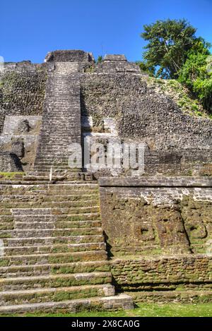 Stuckmaske (unten rechts), der hohe Tempel, Lamanai Maya Site, Belize Stockfoto