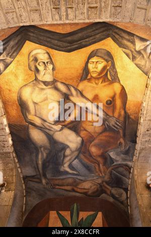 Jose Clemente Orozco Wandgemälde oder Fresko „Cortes y la Malinche“ in der Old School von San Ildefenso, Mexiko-Stadt. Politische Mexikanische Kunst, 1923-26 Stockfoto