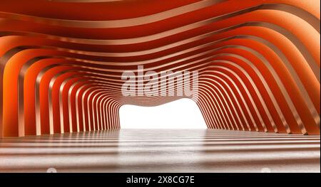 Moderner orangefarbener, wellenförmiger Tunnel, der zu einem hellen Ausgang führt Stockfoto