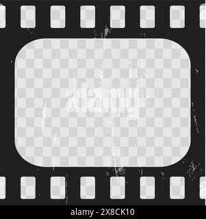 Alter Kinofilm, Filmstreifen. Retro-Vintage-Klebeband, leere Schablone mit Objektträger. Bandrand, strukturiertes Silhuette. Video-Fotorolle auf transparentem Hintergrund. Vektorabbildung Stock Vektor