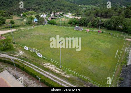 Luftaufnahme des Sportgebietes Marganell (Bages, Barcelona, Katalonien, Spanien) ESP: Vista aérea de la Zona deportiva de Marganell (Barcelona, España) Stockfoto