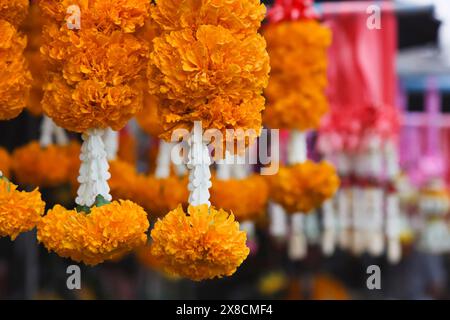 Thailand, Chiang Mai, religiöse Blumengirlanden für den Verkauf in einem lokalen Markt Stockfoto