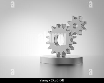 Zahnräder auf dem Podium. Grauer Hintergrund. Podium. Zahnrad. Isoliert. 3D-Abbildung. Stockfoto