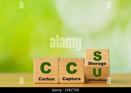 Holzwürfel bilden das Symbol CCU (Carbon Capture Utilization) und CCS (Carbon Capture Storage). Umweltfreundliches Geschäftskonzept, Net Zero Action, Speichern Stockfoto