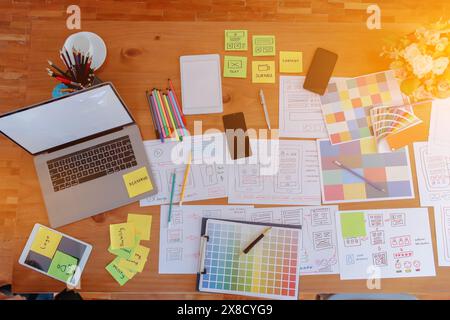 Das Entwicklungsteam für mobile Anwendungen untersucht und entwirft ein ux-ui-System zur Anzeige und Farbgebung in Anwendungen auf dem Smartphone, um effizient und effizient zu arbeiten Stockfoto