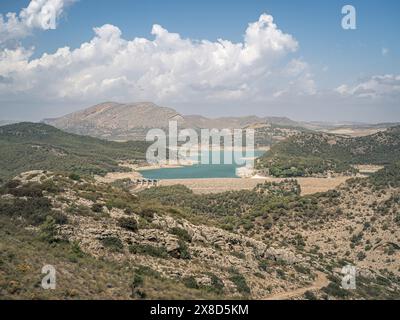 Blick auf den Staudamm eines Wasserkraftwerks am Guadalhorce - Guadalteba Reservoir in Südspanien, Andalusien, in der Nähe von Malaga, grün erneuerbar en Stockfoto