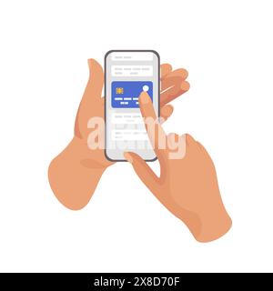 Online-Geldtransfer, Banking-Anwendungen. Hände mit Smartphones, die Finanztransaktionen durchführen. Kreditkarten, Online-Shopping. Investitionen und Stock Vektor