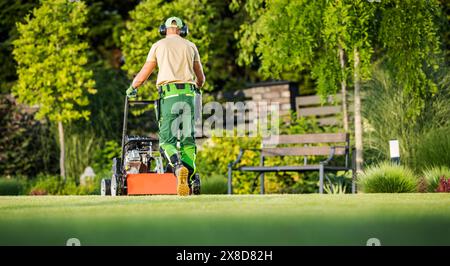 Ein Mann belüftet das Gras aktiv mit einem Belüfter auf einem Feld, schafft ordentliche Reihen und pflegt den Rasen. Stockfoto