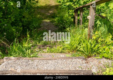 Alte steile, bewachsene Treppe mit Schotter nach unten. Ein altes wackeliges Geländer bietet ein wenig Sicherheit. Wunderschöner sonniger Tag. Stockfoto