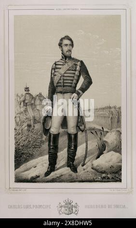 Karl XV. Von Schweden (1826-1872). Geboren Carl Ludvig Eugen. König von Schweden und Norwegen (als Karl IV.) zwischen 1859 und 1872. Porträt von Karl Ludvig als Erbe Prinz von Schweden. Zeichnung von C. Legrand. Lithographie von J. Donón. Reyes Contemporáneos (Zeitgenössische Könige). Band III. Veröffentlicht in Madrid, 1854. Autor: Julio Donón. Spanischer Künstler, der von 1840 bis 1880 aktiv war. Luis Carlos Legrand (Fl. 1829-1858). Spanischer Zeichner und Lithograf. Stockfoto