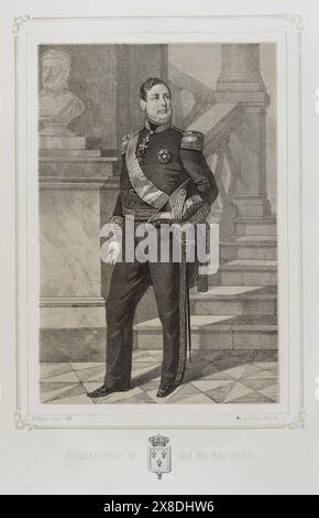 Ferdinand II. Der beiden Sizilien (1810-1859). König der beiden Sizilien (1830-1859). Hochformat. Zeichnung von B. Blanco. Lithographie von J. Donón. Reyes Contemporáneos (Zeitgenössische Könige). Band III. Veröffentlicht in Madrid, 1854. Autor: Julio Donón. Spanischer Künstler, der von 1840 bis 1880 aktiv war. Bernardo Blanco (1828-1876). Spanischer Maler und Lithograf. Stockfoto