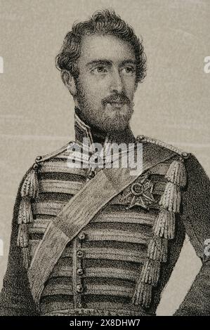 Karl XV. Von Schweden (1826-1872). Geboren Carl Ludvig Eugen. König von Schweden und Norwegen (als Karl IV.) zwischen 1859 und 1872. Porträt von Karl Ludvig als Erbe Prinz von Schweden. Zeichnung von C. Legrand. Lithographie von J. Donón. Details. Reyes Contemporáneos (Zeitgenössische Könige). Band III. Veröffentlicht in Madrid, 1854. Autor: Julio Donón. Spanischer Künstler, der von 1840 bis 1880 aktiv war. Luis Carlos Legrand (Fl. 1829-1858). Spanischer Zeichner und Lithograf. Stockfoto