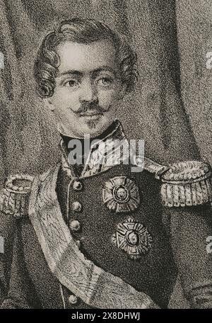 Otto von Griechenland (1815-1867). König von Griechenland (1832-1862). Er war bayerischer Fürst des Hauses Wittelsbach. Hochformat. Zeichnung von C. Legrand. Lithographie von J. Donón. Details. Reyes Contemporáneos (Zeitgenössische Könige). Band III. Veröffentlicht in Madrid, 1854. Autor: Julio Donón. Spanischer Künstler, der von 1840 bis 1880 aktiv war. Luis Carlos Legrand (Fl. 1829-1858). Spanischer Zeichner und Lithograf. Stockfoto