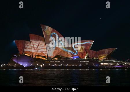 Sydney, Australien. Mai 2024. Lighting of the Sails: Echo (2024) der australischen Künstlerin Julia Gutman and Pleasant Company wird auf das Segel des Sydney Opera House projiziert, das sich während der Vivid Sydney 2024 am Bennelong Point in Sydney befindet. Vivid Sydney ist eine jährliche Veranstaltung, bei der Kreativität, Innovation und Technologie gefeiert werden. Die Veranstaltung wird durch Lichtskulpturen, multimediale interaktive Arbeiten und Lichtprojektionen auf großen Gebäuden rund um Sydney hervorgehoben. Die diesjährige Feier dauert ab dem 24.. Bis 15. Mai. Juni 2024. Quelle: SOPA Images Limited/Alamy Live News Stockfoto