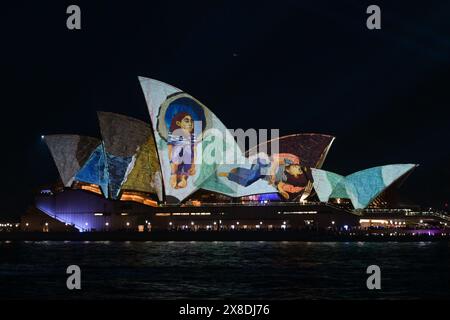 Sydney, Australien. Mai 2024. Lighting of the Sails: Echo (2024) der australischen Künstlerin Julia Gutman and Pleasant Company wird auf das Segel des Sydney Opera House projiziert, das sich während der Vivid Sydney 2024 am Bennelong Point in Sydney befindet. Vivid Sydney ist eine jährliche Veranstaltung, bei der Kreativität, Innovation und Technologie gefeiert werden. Die Veranstaltung wird durch Lichtskulpturen, multimediale interaktive Arbeiten und Lichtprojektionen auf großen Gebäuden rund um Sydney hervorgehoben. Die diesjährige Feier dauert ab dem 24.. Bis 15. Mai. Juni 2024. Quelle: SOPA Images Limited/Alamy Live News Stockfoto