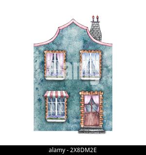 Ein altes europäisches Haus, ein fabelhaftes, süßes, blaues zweistöckiges Haus im Vintage-Stil. Die Aquarellabbildung ist handgezeichnet. Isolieren. Für Ausdrucke, Kind Stockfoto
