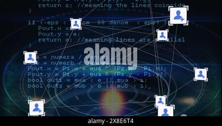 Bild des Netzwerks von Profilsymbolen und Datenverarbeitung über runden Scanner und Lichtfleck Stockfoto