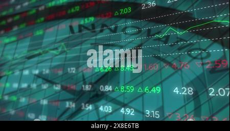 Das Bild zeigt eine Börsenanzeigetafel mit sich ändernden Diagrammen und Zahlen Stockfoto