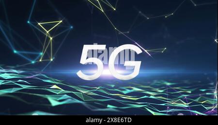 Bild von 5g-Text über Punkten, die geometrische Formen über digitalen Wellen verbinden und bilden Stockfoto