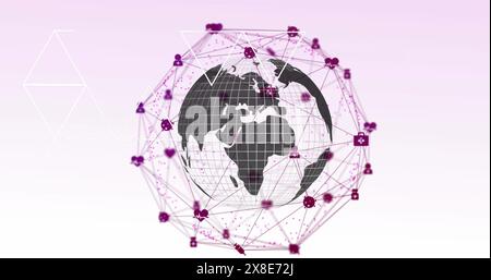 Bild eines Netzwerks digitaler Symbole über sich drehender Globus vor rosafarbenem Hintergrund Stockfoto
