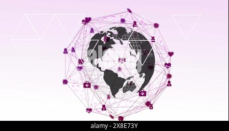 Bild eines Netzwerks digitaler Symbole über sich drehender Globus vor rosafarbenem Hintergrund Stockfoto