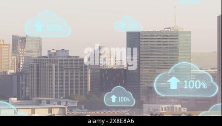 Bild eines Symbols mit mehreren Wolken mit steigendem Prozentsatz im Vergleich zur Luftansicht der Stadt Stockfoto