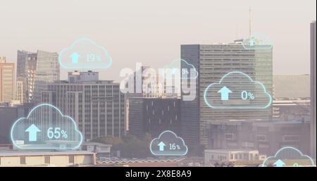 Bild eines Symbols mit mehreren Wolken mit steigendem Prozentsatz im Vergleich zur Luftansicht der Stadt Stockfoto