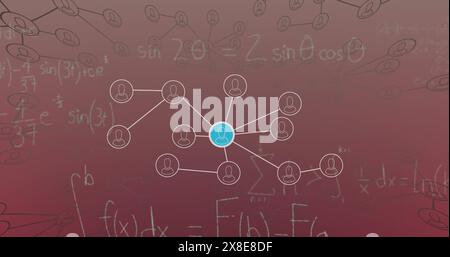 Bild mathematischer Gleichungen und Netzwerk von Profilsymbolen vor rosafarbenem Hintergrund Stockfoto