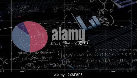Bild von Linien über Infografik-Schnittstelle mit mathematischen Gleichungen auf schwarzem Hintergrund Stockfoto