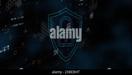 Abbildung: Schild mit Vorhängeschloss-Symbol und Datenverarbeitung auf schwarzem Hintergrund Stockfoto