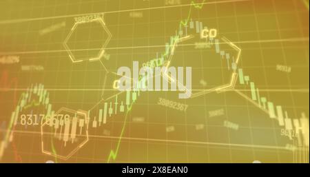 Bild mehrerer Diagramme mit wechselnden Zahlen und Molekülstrukturen über Gradientenhintergrund Stockfoto