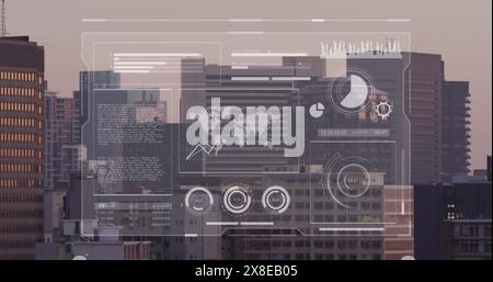 Abbildung von Diagrammen, Ladebalken und Kreisen mit Karte über Luftbild der modernen Stadtlandschaft Stockfoto