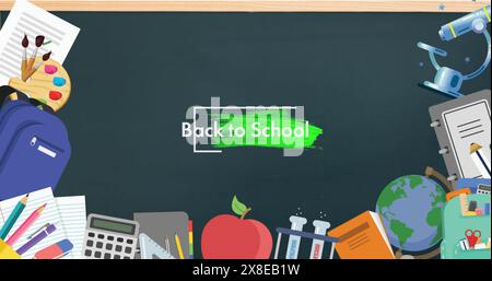 Die Schulmaterialien liegen auf dem Schreibtisch, mit Büchern, einem Globus und einem Taschenrechner Stockfoto