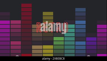 Bunte Blöcke wie ein digitaler Equalizer glänzen hinter leuchtend rotem RETRO-Text Stockfoto