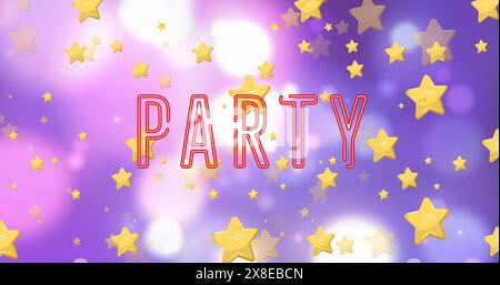 Das Neon-PARTYSCHILD glänzt mit goldenen Sternen vor violettem Hintergrund Stockfoto