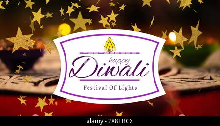 Happy Diwali-Banner mit goldenen Sternen und beleuchteten Kerzen feiert das Festival Stockfoto