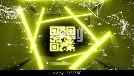 Abbildung: Flackernder qr-Code über Verbindungen mit Zahlen und Neonleuchten Stockfoto