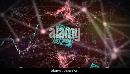 Abbildung: Flackernder qr-Code über ein Netzwerk von Anschlüssen und Neonlichtern Stockfoto