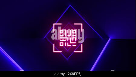 Abbildung: Flackernder qr-Code über Neonlichtern Stockfoto