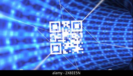 Bild des flackernden qr-Codes über dem Tunel von Neonlichtern Stockfoto