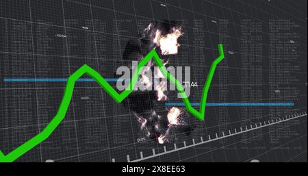 Abbildung der Statistiken mit grüner Linie, Euro-Symbol und Datenverarbeitung über Raster Stockfoto