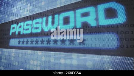 Bild der Verarbeitung von Kennworttext und binären Codierungsdaten auf blauem Hintergrund Stockfoto