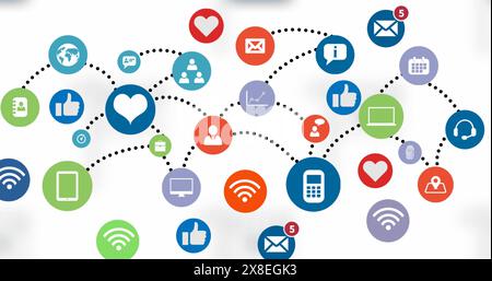 Abbildung mehrerer Symbole für mobile Anwendungen, die mit Punkten auf weißem Hintergrund verbunden sind Stockfoto