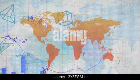 Abbildung des Diagramms, der mathematischen Gleichung und der Diagramme mit Karte auf weißem Hintergrund Stockfoto