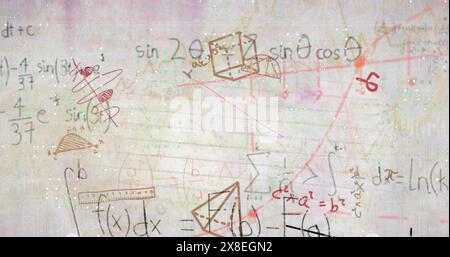 Darstellung mathematischer Gleichungen und Diagramme über Diagramm vor abstraktem Hintergrund Stockfoto