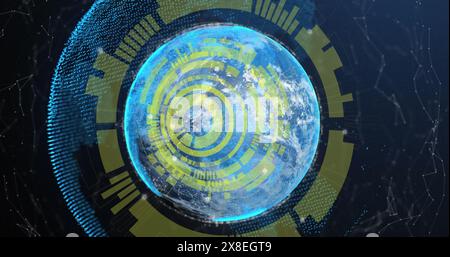 Bild des Ladens von Kreisen über verbundene Punkte um Globen vor abstraktem Hintergrund Stockfoto