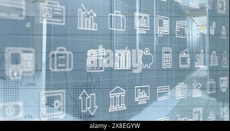 Abbildung mehrerer Symbole, Diagramme mit wechselnden Zahlen über Datenserver-Racks Stockfoto